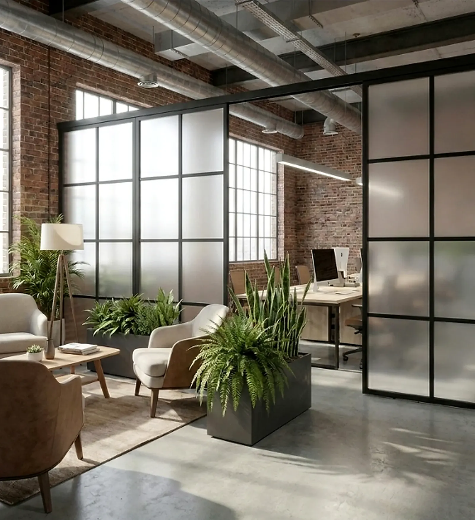 Black-framed freestanding divider creating a private office in a loft